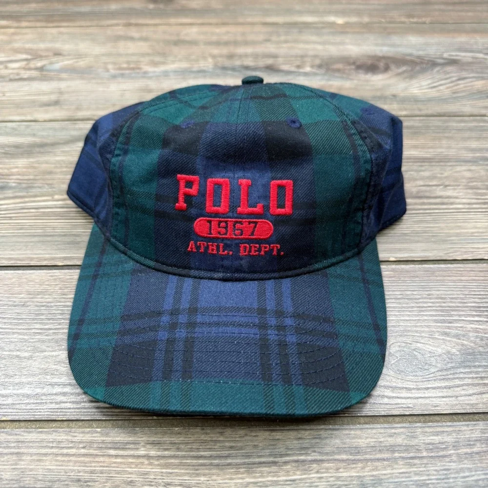 Polo Ralph Lauren Mens Plaid Ball Cap Black Watch Green Blue Leather Strap NWT